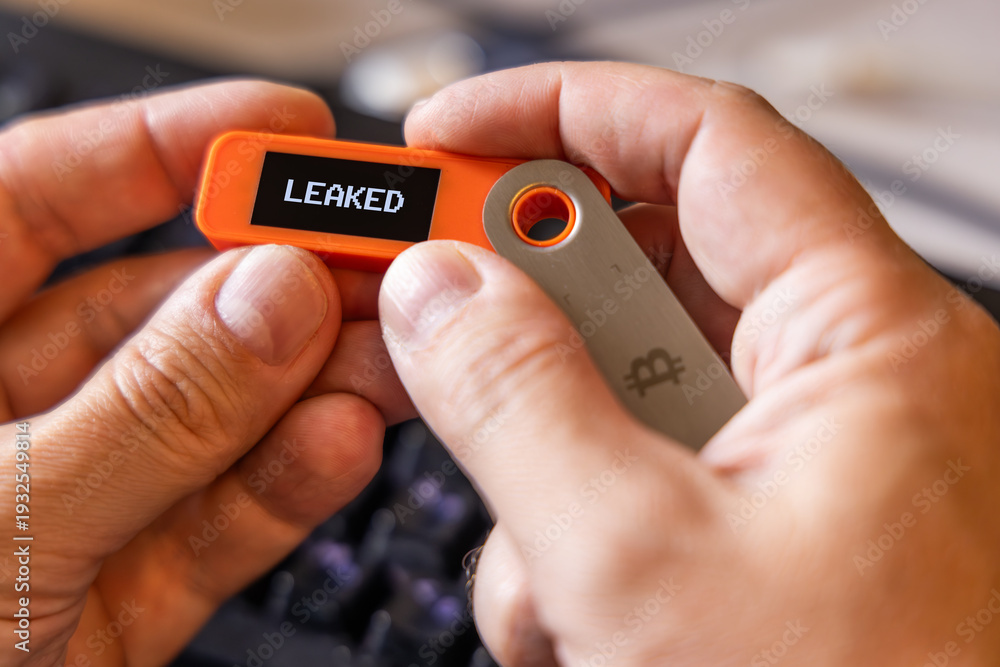 Fototapeta premium hardware Bitcoin wallet held in white hands with message Leaked on screen