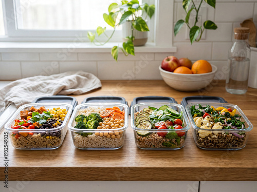 Healthy Vegan Meal Prep with Quinoa, Roasted Vegetables, Chickpeas, and Fresh Salad in Glass Containers
