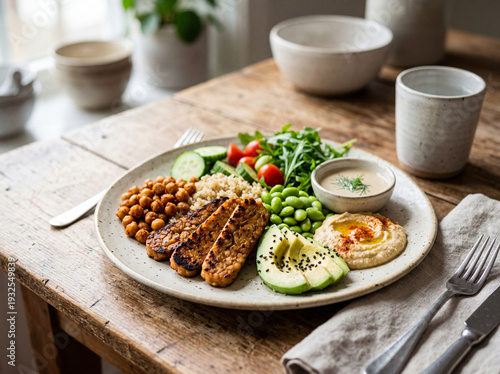 Healthy Plant-Based Buddha Bowl with Tempeh, Avocado, Hummus, and Edamame on Rustic Wooden Table