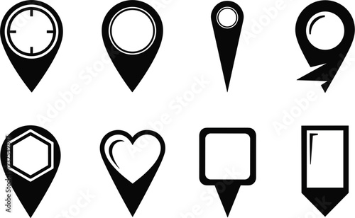 Collection of black map pin icons and location pointer symbols including heart square and target shapes for GPS navigation and travel app interface design.