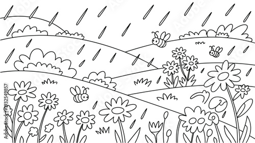 Coloring page of rainy spring meadow with flowers bees and rain drops