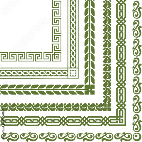 Decorative border frame set with green classical ornament patterns. Elegant vintage lines create seamless corners and dividers. Ideal for certificate design, invitations, packaging, backgrounds, and b