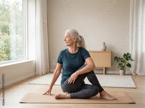 Senior Woman Practicing Yoga Seated Spinal Twist Pose in Bright Minimalist Home Studio