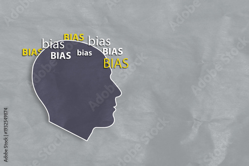 Konstfotografi Cognitive Bias Concept: Human Head Silhouette Filled with Bias Text Symbols