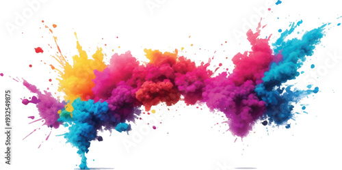 Horizontal explosion of rainbow colored powder against a clean white background