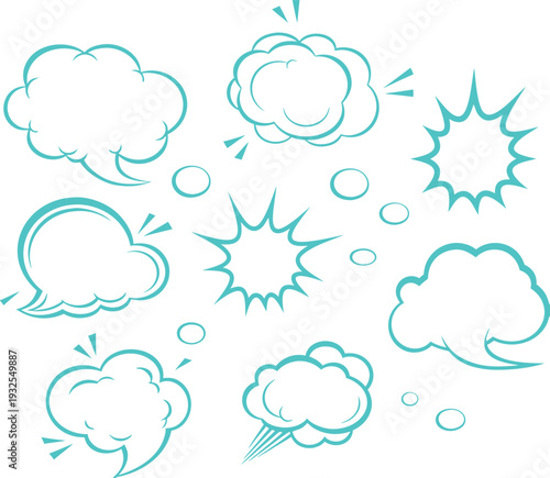 Comic speech bubble set with cloud shapes and action burst outlines. Clean blue line art elements show dialogue, thought, and effects. Ideal for comics, worksheets, stickers, and illustration design.