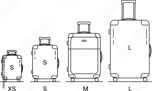 Travel luggage size comparison icons set with suitcase XS S M L vector illustration collection