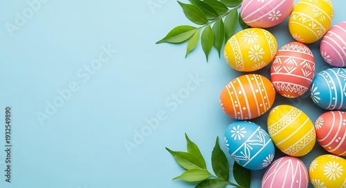 Colorful easter eggs arranged on a blue background with green leaves