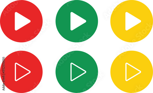 Colorful play button icon set with solid and outline triangle symbols in red green and yellow circles for video player UI design.
