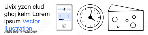 Smart technology, food products, timekeeping, modern living, digital tools, culinary arts. Smart device with controls, analog clock and cheese illustration. Smart technology and food products