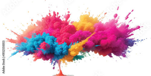 Exploding cloud of bright pink, yellow, and blue powder on a white background