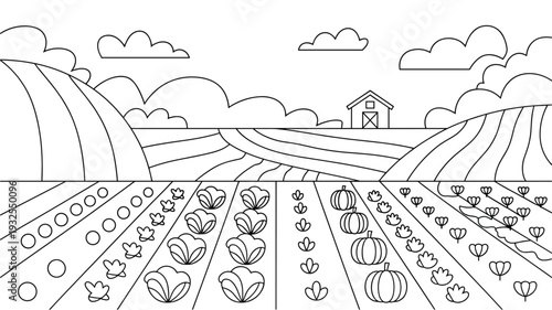 Farm landscape with fields, crops, pumpkins, and barn under cloudy sky