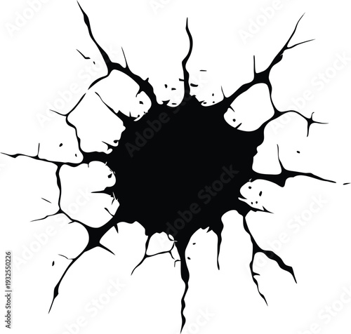 Cracked hole background with dramatic black splatter impact. Abstract broken surface shows damage, destruction, and force. Ideal for grunge design, poster, horror, and conceptual visuals.