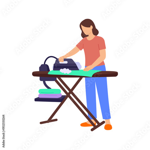 Steam Pressing Clothes, Using steam iron to smooth fabrics and enhance presentation, Flat vector character illustration
