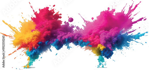 Symmetrical explosion of colorful Holi powder in pink, yellow, and blue, evoking a festive and energetic atmosphere.