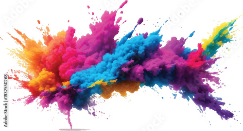 A swirling cloud of vibrant Holi powder in pink, blue, and yellow, captured mid-explosion on a white background.
