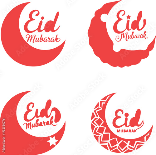 Eid Mubarak badge set with crescent moon and Islamic ornament. Minimal red label collection for Ramadan greeting design. Ideal for festival card, banner, social post, and celebration branding.