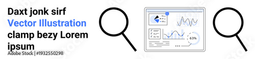 Data visualization, analytics tools, business growth, report analysis, research insights, monitoring trends. Two magnifying glasses highlight a dashboard with graphs. Data visualization and analytics