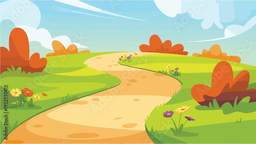 Winding path through rolling green hills with colorful flowers and bushes