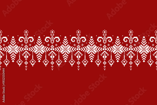 Red and white pixel border featuring floral and scroll motifs arranged in a horizontal band. Repeating geometric elements create balanced symmetry for textile and surface applications.