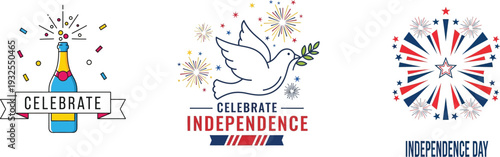 Celebrate Independence Day fireworks and flags vector illustration flat design