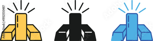 Gold bar bullion ingot icon set in yellow black and blue styles for finance banking wealth investment and precious metal savings concept.