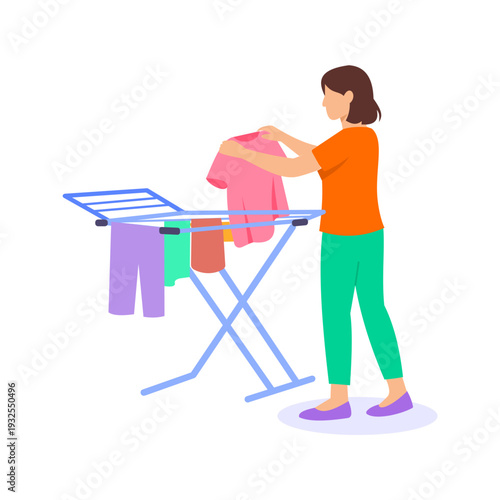 Hanging Clothes To Dry, Air-drying garments on hangers or clothesline, Flat vector character illustration