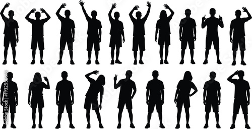 Silhouettes of people standing in varied poses with raised arms, gesture diversity concept, posture study, human body language illustration design