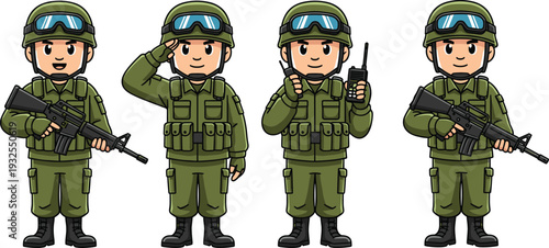 Cartoon soldier character set, cute military army mascot holding rifle saluting with radio isolated on white background illustration