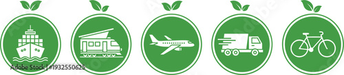 Green eco-friendly transportation icon set featuring sustainable shipping, rail, air travel, trucking, and cycling for carbon-neutral logistics.