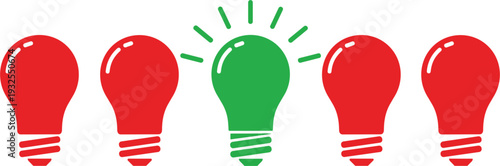 Green lightbulb shining among red bulbs representing a unique creative idea, sustainable innovation, and standing out from the crowd.