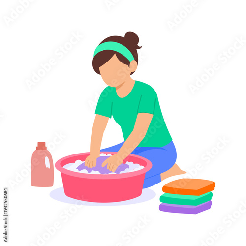 Hand Washing Clothes, Cleaning garments manually using water and detergent, Flat vector character illustration