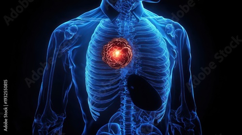 translucent blue upper-torso skeleton with glowing red tumor in left chest cavity, detailed ribs and spine on dark background evoking medical alarm and urgency