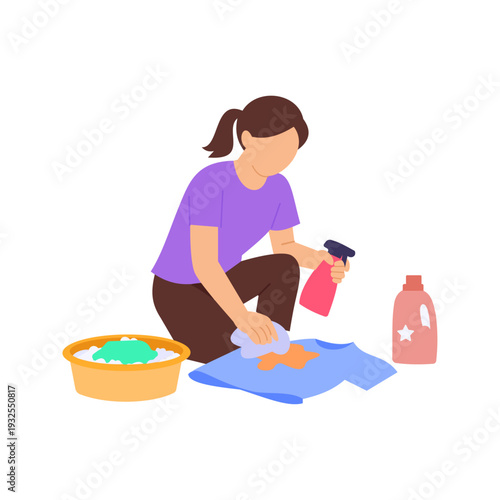 Removing Stains, Treating garments to eliminate spots or blemishes, Flat vector character illustration
