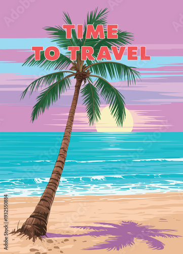 Palm Tree Travel Retro Poster Featuring Tropical Beach Coast, Ocean Surf and Scenic Seaside View, Vintage Style Vector Illustration Isolated for Vacation Promotion and Wall Art Design