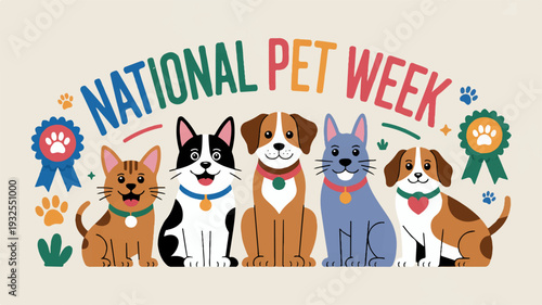National pet week celebration with diverse group of pets and colorful decorations