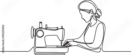 A woman sews fabric using a sewing machine. Seamstress's work.one line vector illustration with white background