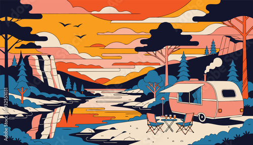 Travel trailer camping scene beside a wide river during glowing sunset, reflecting warm sky tones and peaceful evening