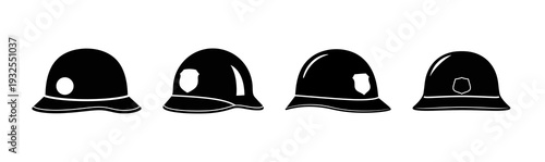A collection of four distinct black helmets, each with unique design elements, arranged in a horizontal lineup