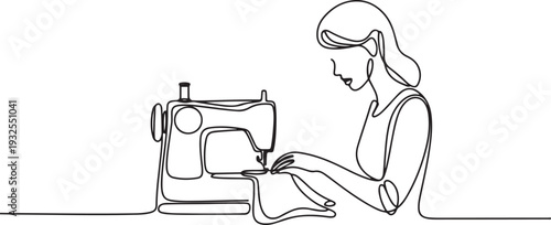 A woman sews fabric using a sewing machine. Seamstress's work.one line vector illustration with white background