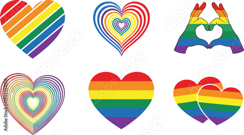 Rainbow heart icon set with pride flag colors for LGBTQ awareness, equality, and love celebration vector illustration.