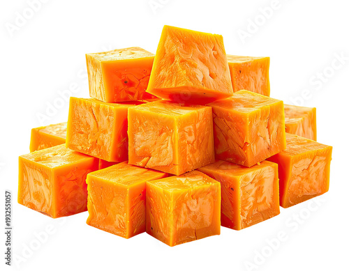 Stack of bright orange, cubed cheese pieces on a white background