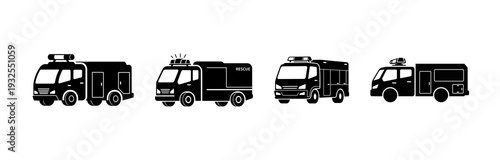 Essential public service vehicle icons police van, rescue, city bus, fire engine. Black and white minimalist vector silhouettes for graphic design applications