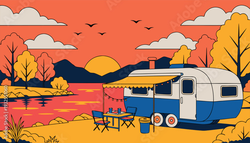 Travel camping scene beside wide river during glowing sunset, reflecting warm sky tones and peaceful evening