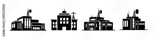 Collection of silhouetted architectural building structures with antennas and communication equipment