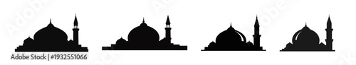Black silhouettes of diverse Islamic mosque domes and minarets, symbolizing Muslim places of worship and architectural styles, ideal for cultural design