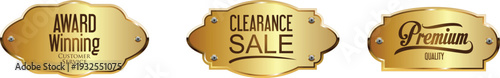 Gold clearance sale and award winning labels on white background