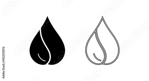 Minimalist Black and Outline Water Drop with Leaf Inside Vector Icon Set for Eco-Friendly, Nature, or Hydration Concepts