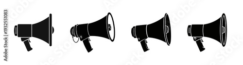 Modern black megaphone icon set for loud announcements, effective communication, public address, and broadcasting. Versatile vector graphics ideal for marketing, alerts, and calls to action