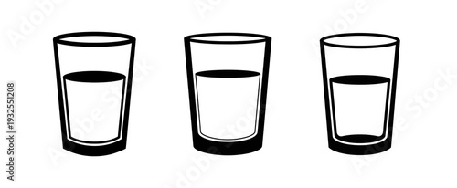 Vector illustration depicting a trio of clear drinking glasses, each containing distinct levels of transparent liquid, symbolizing concepts of quantity, measurement, and varying perspectives